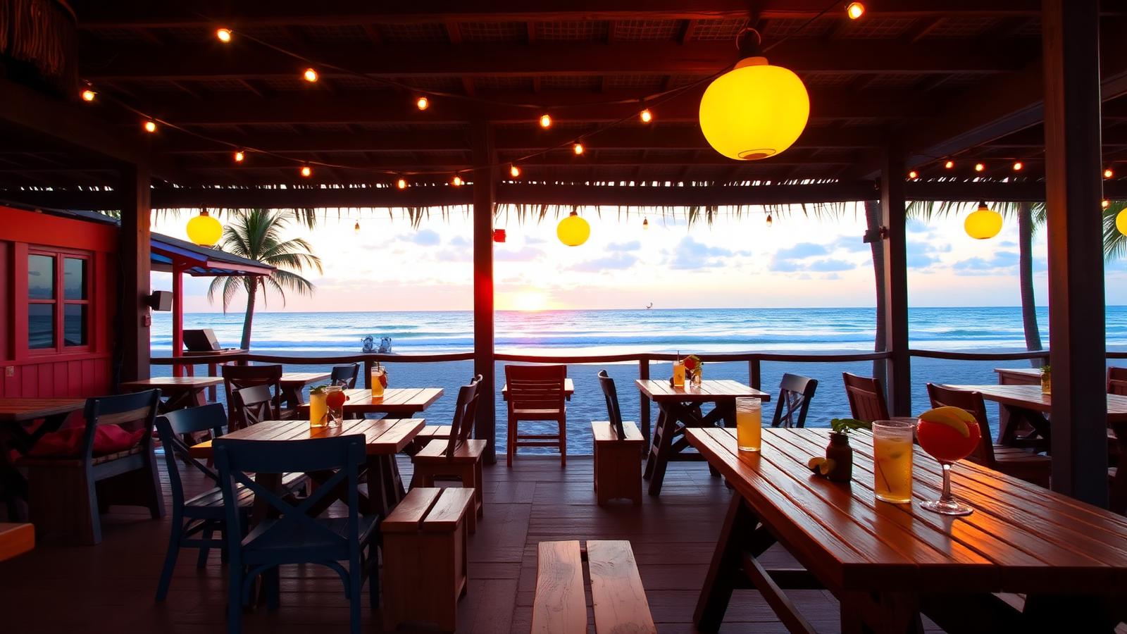 Rustic beachfront cafe at sunset with string lights and tropical cocktails in a cheap beach town. Images and Photos created by www.cheap-beach-house.com
