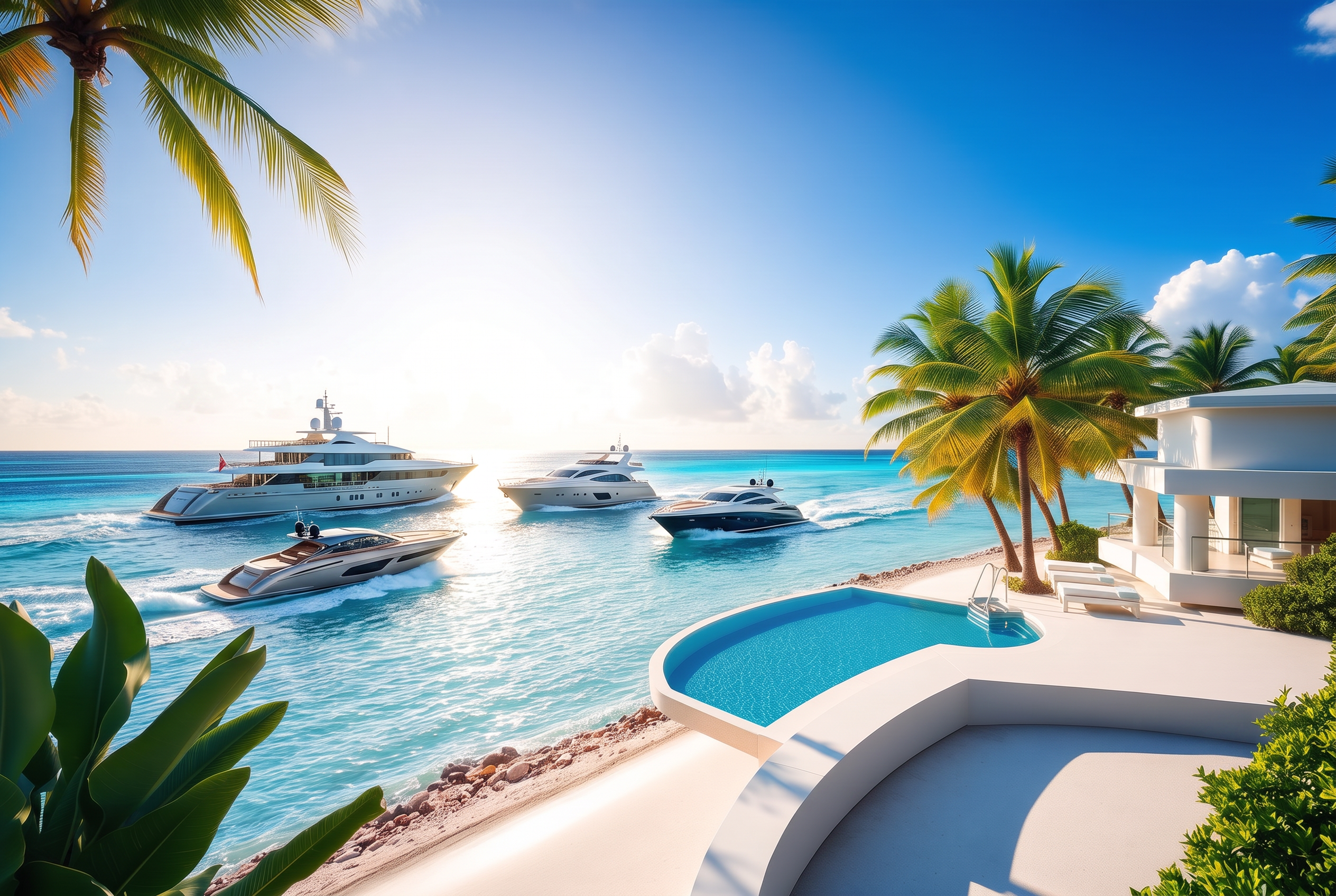 Cheap beach house for sale on a tropical shore with turquoise ocean, white sand, palm trees, luxury yachts near the sunset and a modern beachfront villa. Images and Photos created by www.cheap-beach-house.com