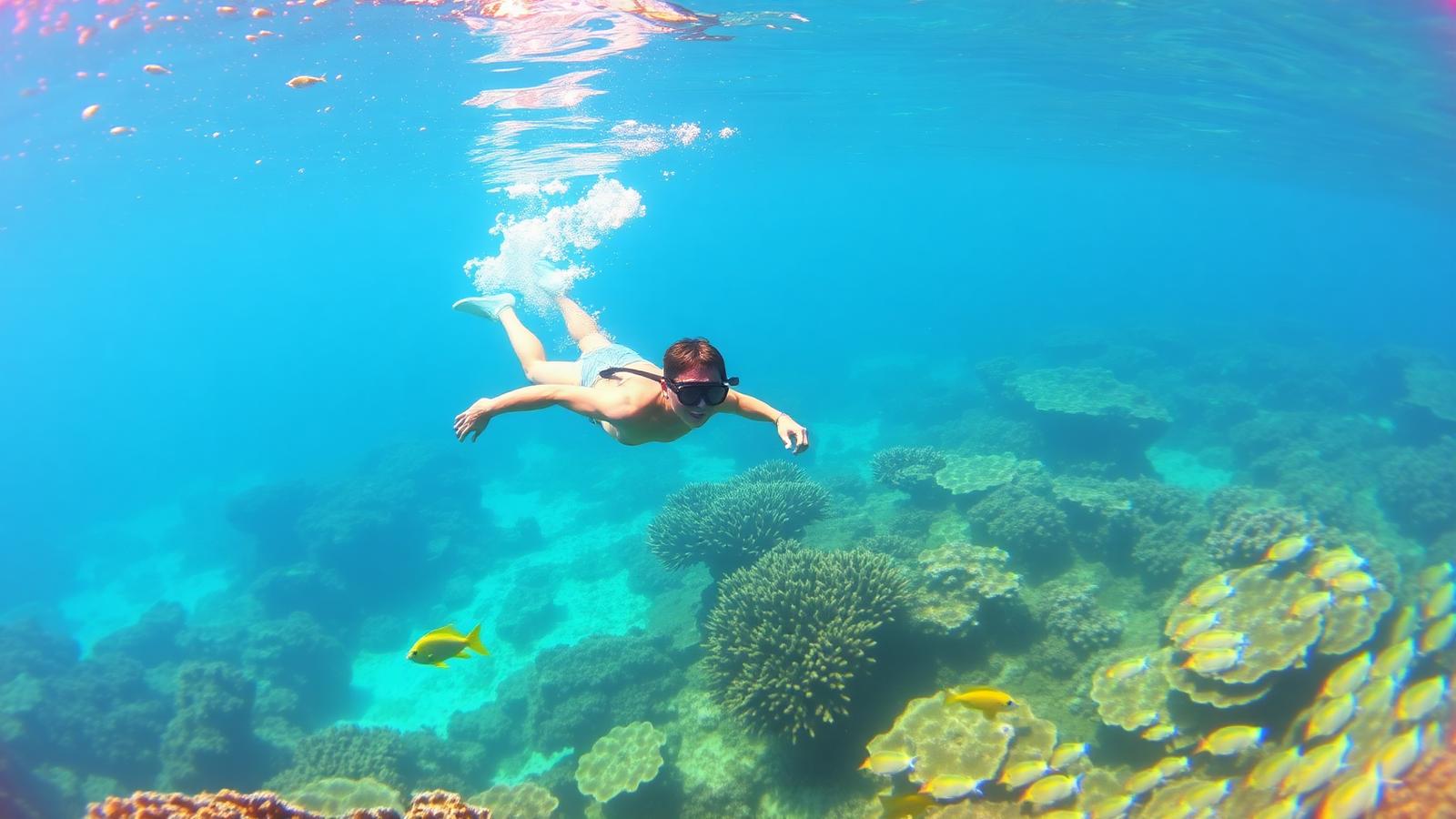 Snorkeler exploring a colourful coral reef in clear turquoise water near an affordable tropical beach house destination. Images and Photos created by www.cheap-beach-house.com