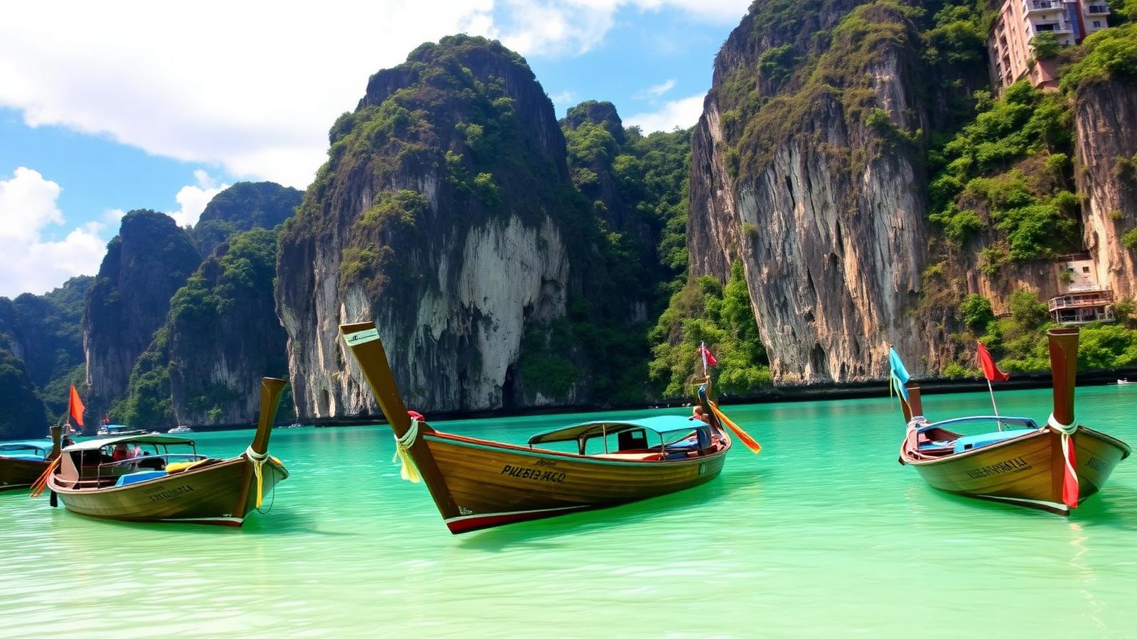Traditional Thai longtail boats floating on emerald water beside limestone cliffs near cheap beach houses in Thailand. Images and Photos created by www.cheap-beach-house.com